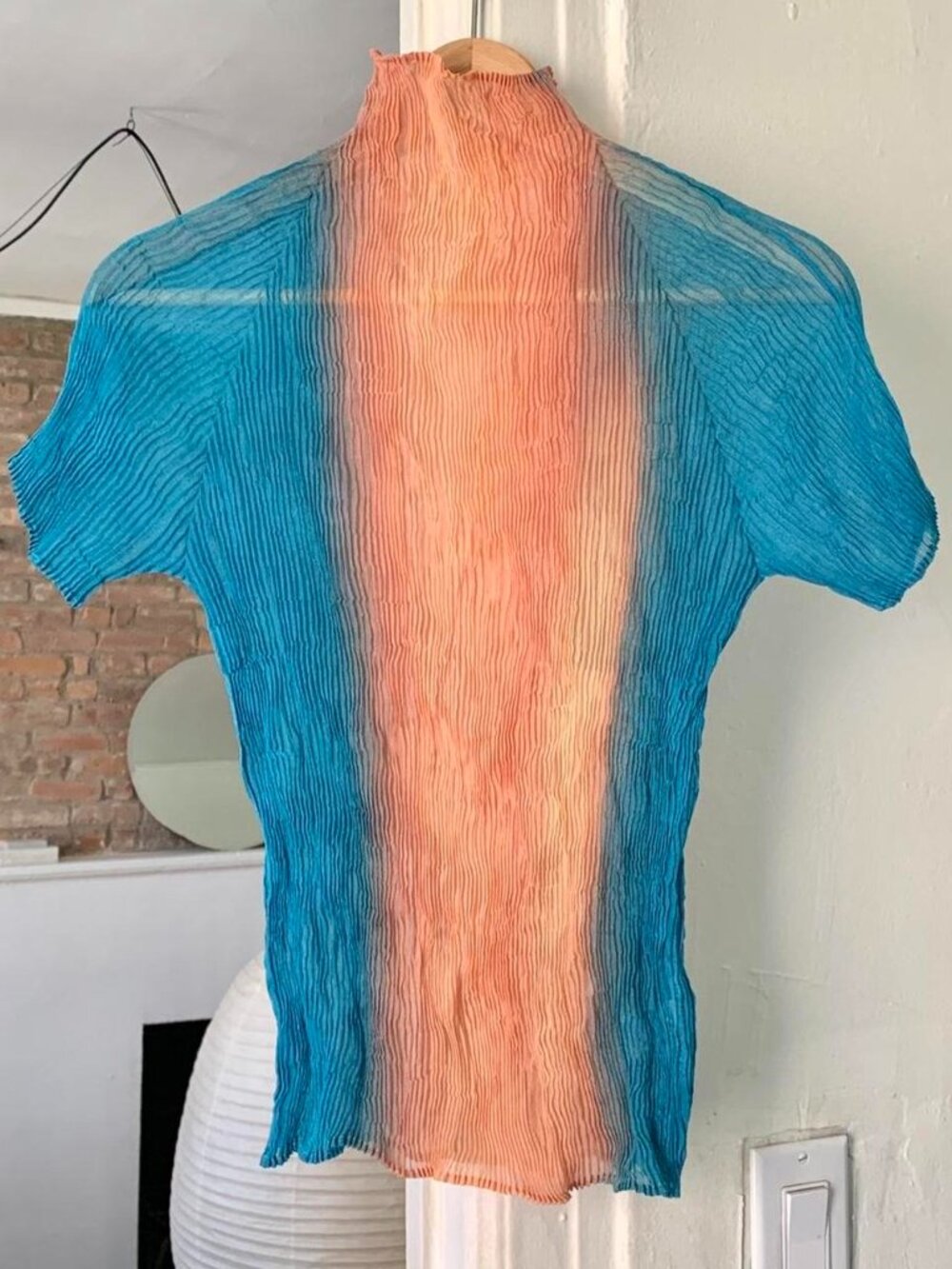 Issey Miyake Chiffon Twist Mockneck Short Sleeved Top Blue & Pink JP2
